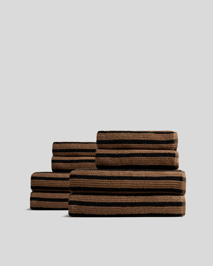 4+4 Organic Resort Stripe Bath Bundle - Camel with Soft Black